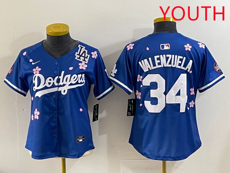 Youth Los Angeles Dodgers #34 Valenzuela Blue Sakura Edition 2025 Nike MLB Jersey style 39->youth mlb jersey->Youth Jersey